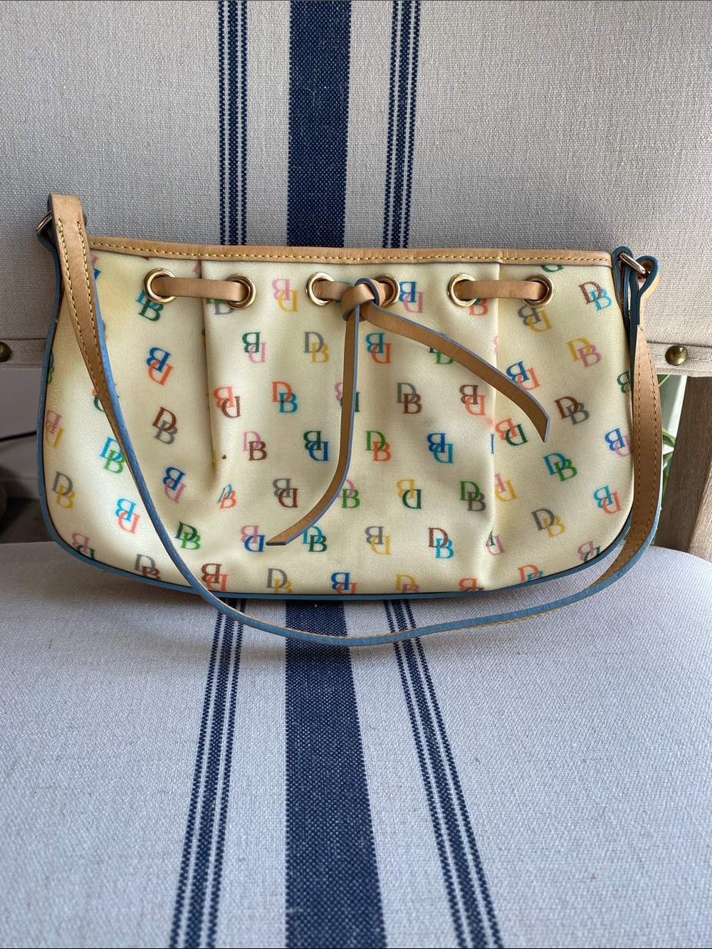Dooney & Bourke Vintage Coated Cream Multicolor DB Logo Small Hand Bag